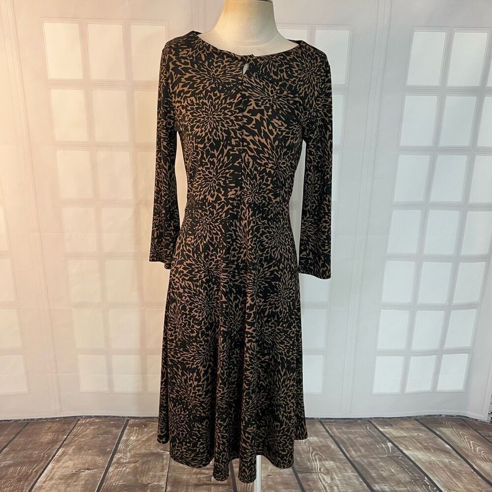 Lands End Brown Black Abstract Slip On Long Sleeve Business Casual Dress Small